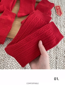 Detail of red festive crew socks featuring various textured knit patterns and ribbed cuffs
