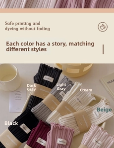 Detailed close-up of ribbed knit socks with elegant frill edges and stitched brand labels