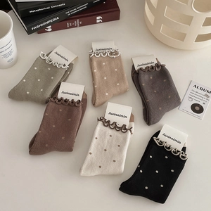 Women Winter Warm Cotton Terry Socks Polka Dot Pattern Ruffle Trim Mid-Calf Japanese Style Thickened Cozy