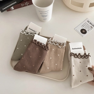 Winter thermal thick socks in earth tones with polka dots and ruffle edges, set of four