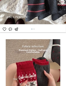 Detail of grey and red knit cotton socks with vintage bear patterns and stripes