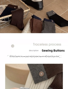 Detail of ribbed knit mid-calf socks featuring retro button accents in mixed fall colors