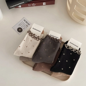 Winter thermal thick socks with polka dots and wave lace trim in earth tones