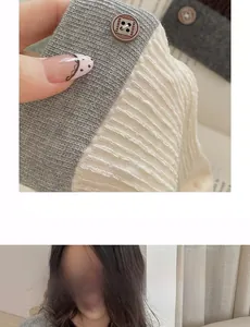 Detail of grey and beige ribbed knit socks with fashion button and contrast trim design