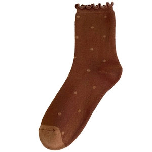 Vintage brown polka dot wool socks with ruffled cuffs and contrasting toe design