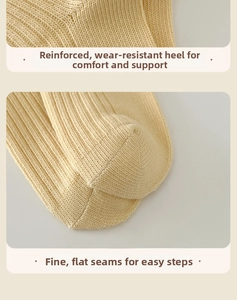 Detail of reinforced heel and flat seamless toe on beige ribbed knit crew socks