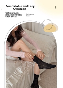 Detailed view of breathable black mesh lace crew socks featuring French vintage hollow pattern