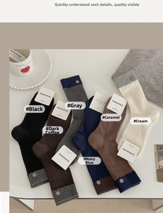 Detail of colorful ribbed cotton crew socks with decorative wooden buttons on white surface