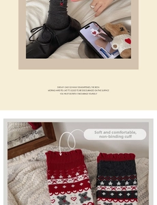 Detailed knit of Christmas crew socks featuring teddy bear and star jacquard patterns