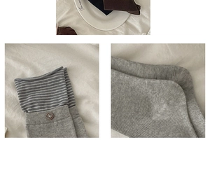 Detailed shot of striped cotton mid-calf socks featuring unique decorative buttons
