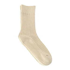 Minimalist beige ribbed crew socks for women featuring cozy knit texture in Japanese style