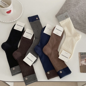 Women Slouch Crew Socks Combed Cotton Ribbed Knit Color Block Decorative Button Japanese Style Retro Soft
