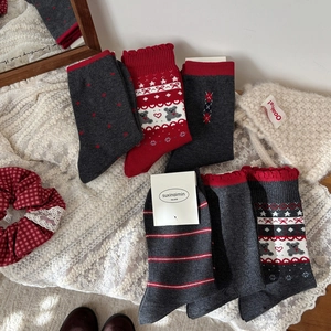 Women Cotton Knit Slouch Socks Mid-Calf Japanese Style Ruffle Trim Jacquard Bear Heart Polka Dot Retro Sweet