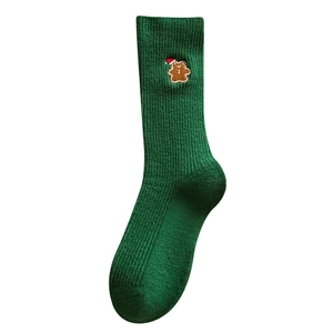 Dark green Christmas crew socks with bear embroidery and ribbed cotton knit cuffs