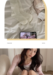 Close-up of white hollow knit socks with lace edges in a sweet aesthetic style