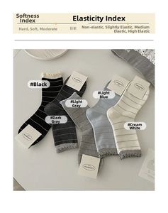 Detail of 5-pack striped crew socks with ruffled cuffs in black grey blue and cream