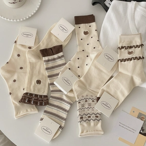 Chaussettes Mi-Mollet En Coton Pour Femmes Broderie Ours Dessin Animé Rayures Pois Bordure Ondulée Style Japonais