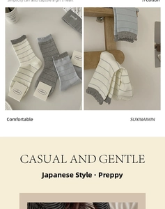 Detail of striped crew socks with ruffled edges in white, gray, and light blue colors