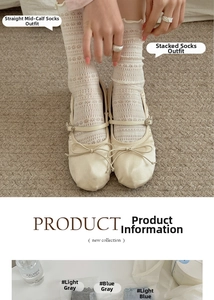Close-up of white hollow knit crew socks paired with beige satin ballet flat shoes