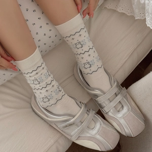 Calze Al Polpaccio Da Donna Cotone Pettinato Traspirante Senza Cuciture Simpatico Orso Cuore Motivo Jacquard Stile Kawaii