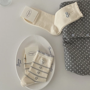 Japanese style cream mid-calf socks with cute cherry embroidery and cat patterns