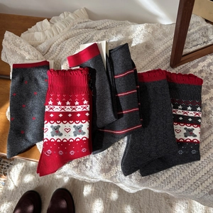 Fair Isle crew socks set in grey and red with vintage bear and polka dot patterns