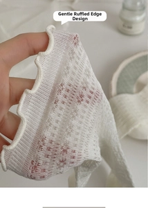 Close-up of white hollow-out mesh knit fabric with delicate lace edge design