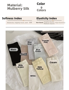 Detailed chart of silk two-toe socks showing soft texture and nine color variants
