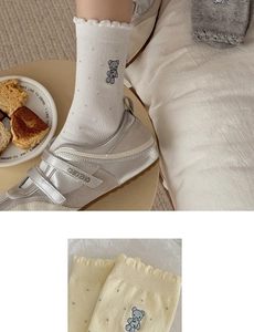 Detail of knit socks showing bear embroidery, polka dot texture, and ruffled cuffs