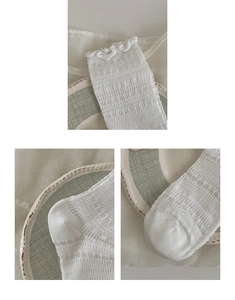 Detailed view of white lace trim socks featuring intricate hollow-out floral knit patterns