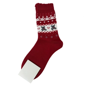 Gray and red Fair Isle crew socks with knitted bear patterns and scalloped cuffs