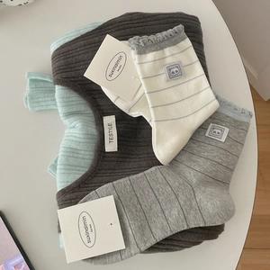 Japanese style striped socks with panda patch and wood ear ruffle trim in various colors