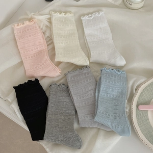 Lace scalloped mesh crew socks for women in multiple colors with breathable hollow knit