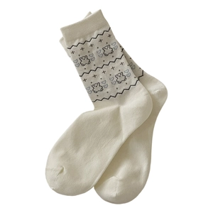 Calze medie stile giapponese con orsetto Fair Isle in cotone color bianco crema