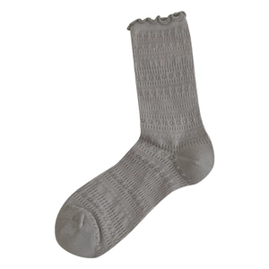 Taupe lace knit crew socks with breathable mesh texture and elegant lettuce edge trim