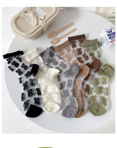 Detailed flat lay of cute bear pattern sheer mesh socks in six assorted colors