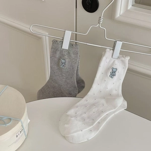 Japanese style crew socks with bear embroidery and frilled cuffs in grey and white