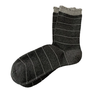 Deep gray striped mid-tube cotton socks with elegant light gray ruffled trim
