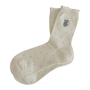 Japanese style cream mid-calf socks with grey polka dots and cute blue bear embroidery