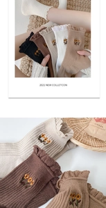 Detail view of retro knit socks featuring floral embroidery and elegant frill cuffs