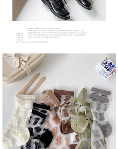 Detailed view of sheer mesh crew socks featuring various bear patterns and ribbed cuffs