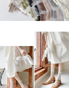 Detail of sheer mesh crew socks with cute bear embroidery in various soft colors