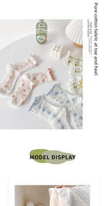 Floral knit socks with scalloped cuffs and breathable cotton fabric in soft pastel colors