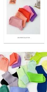 Detail view of colorful ribbed cotton crew socks in vibrant Morandi shades for women
