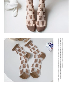 Detail of sheer summer crew socks with brown bear patterns and contrasting toe and heel