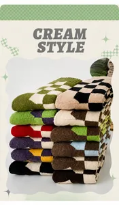 Detailed close-up of thick checkered wool socks in various retro color combinations