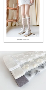 Detail of sheer Lolita knee high socks featuring cute 3D cherry patterns and knit texture