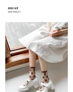 Detail of sheer bear print crew socks paired with white Mary Jane shoes for women
