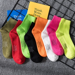 Men Crew Socks Cotton Blend Ribbed Sweat Absorbing Letter Print Streetwear Casual Neon Sports Mid Calf Socks