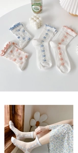 Detail view of semi-transparent mesh socks with tiny floral patterns and lace edges